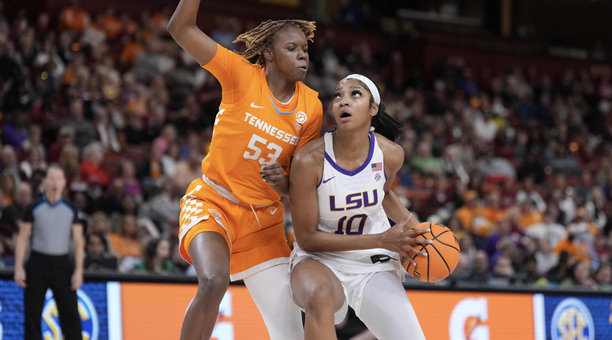 Tennessee forward Jillian Hollingshead defends against LSU forward Angel Reese at Bon Secours Wellness Arena.